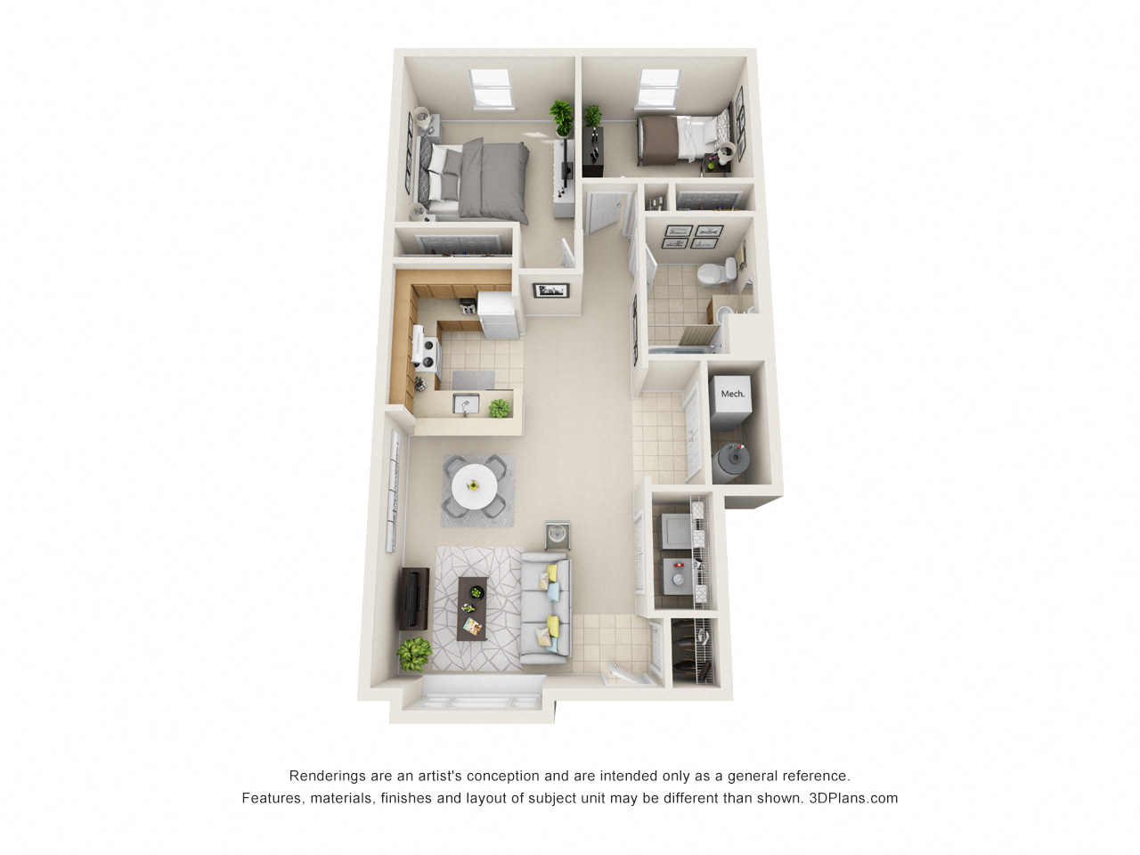 Floor plan for 2 beds, 1 bath, 932 sqft